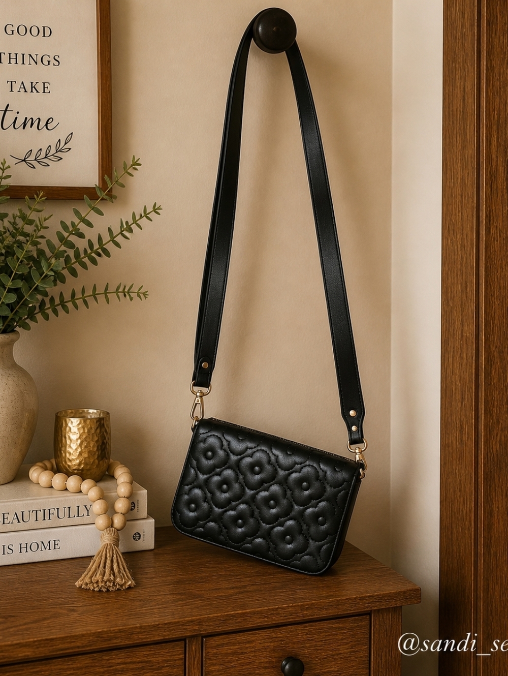 Black Quilted Floral Crossbody Bag - Women